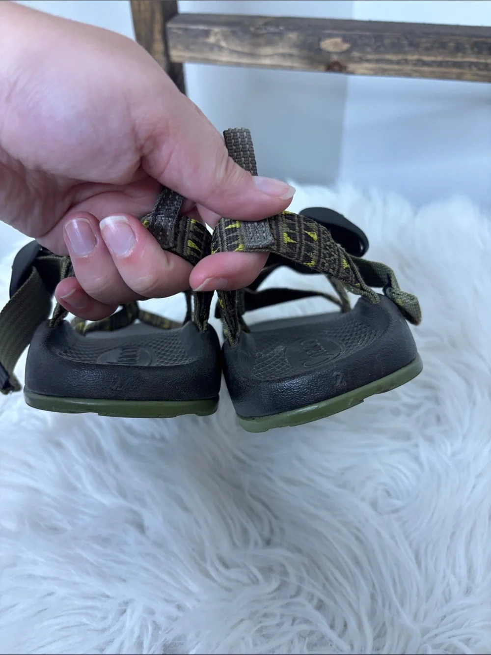 Chaco Kids Sandals in Olive and Yellow Strap Pattern Size 2